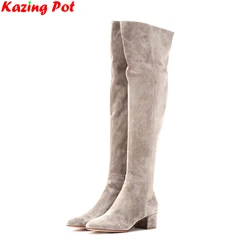 Krazing Pot Plus Size 33-46 Cow Suede High Heels Modern Long Boots Zipper Round Toe Winter Retro Brand Women Over-the-knee Boots