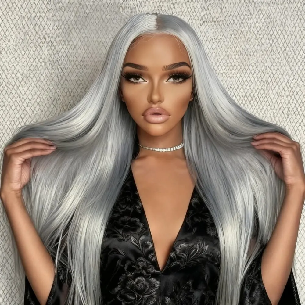 

Silver Gray Straight Lace Front Wig for Women 13x4 HD Transparent Lace Front Wig Human Hair 200 Density Lace Front Wig for Daily