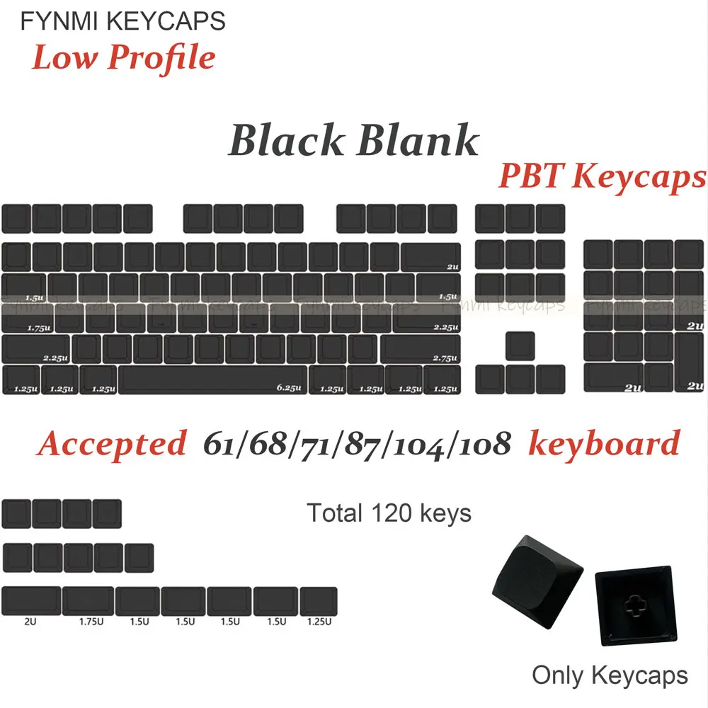 Fynmi Blank Black Low Profile Original PBT Keycaps ANSI 61-116 klawiszy, barwione sublimacyjnie keycapy do klawiatur mechanicznych — zdjęcie produktu 4