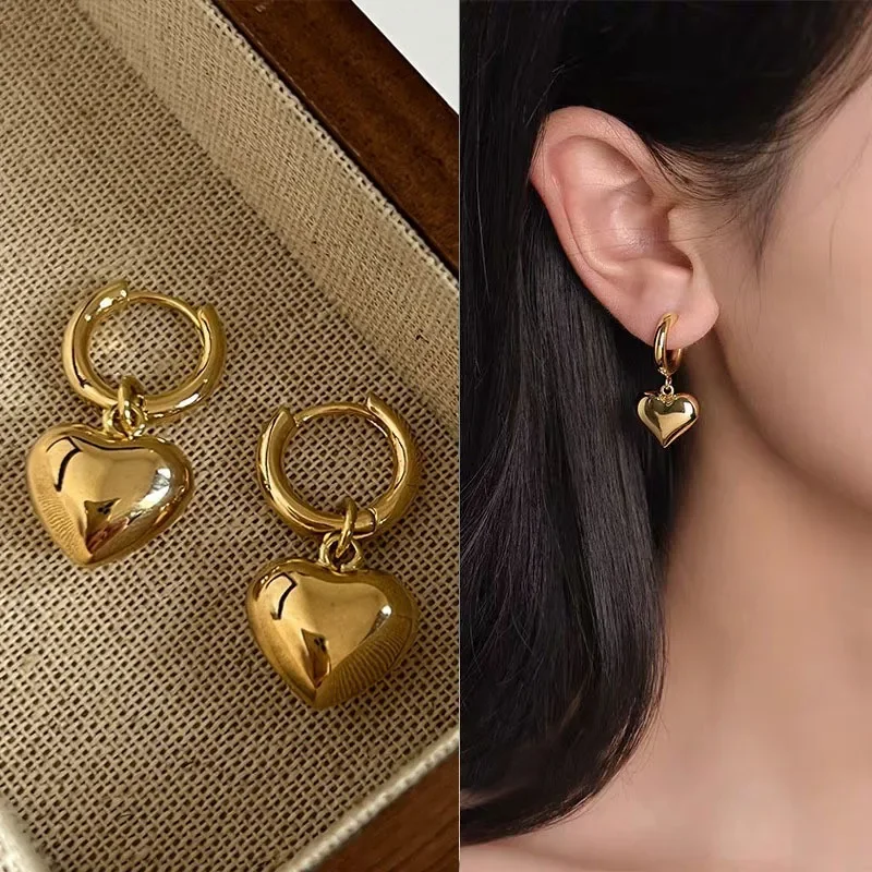 Gold Puffy Heart Hoop Earrings for Women Smooth Love Heart Dangle Huggie Earrings Minimalist Daily Fashion Jewelry