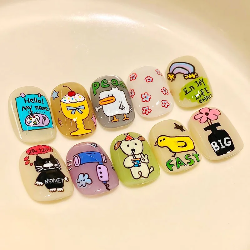 

30Pcs Cute Cartoon Animal Print Press On Nails Short Square Fake Nails Graffiti Duck Dog Cat Reusable Full Cover Nail Tip