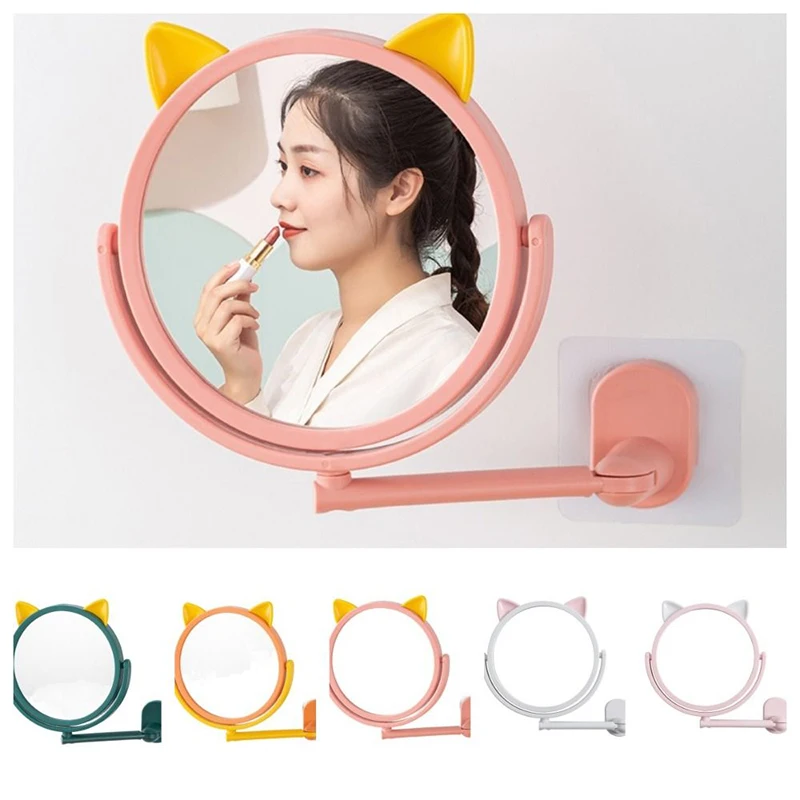 No Drill Wall Mounted Bathroom Mirror 360° Rotating Makeup Mirror Folding Arm Extend Dressing  Women