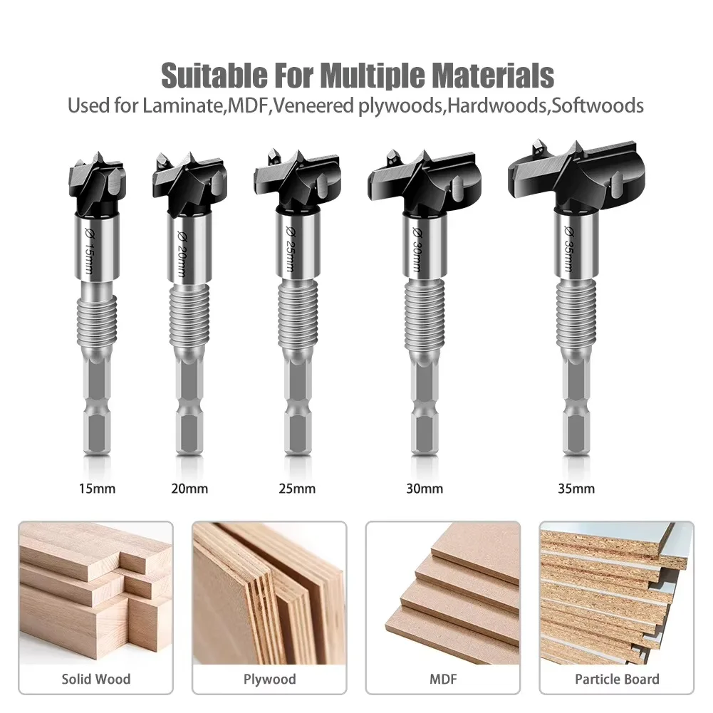 

Hex Shank with Exterad 15,20,25,30,35mm Adjustable Cutter Carbide Drill Bit Woodworking Milling Cutters Hinge Hole