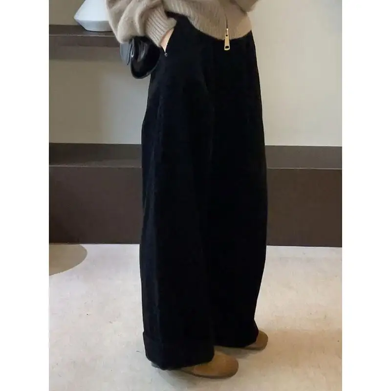 ハイウエストワイドレッグコーデュロイパンツ韓国風スリムカジュアルパンツ女性用秋冬ファッショナブルストレートパンツ