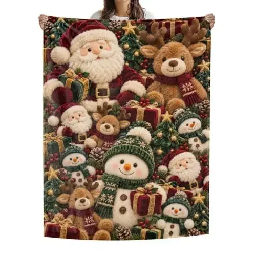 VIKAMA Teddy Bear Santa Pile Fleece Throw Blanket Cozy Soft Plush Cover for Couch Sofa Bed Christmas Decor Gift