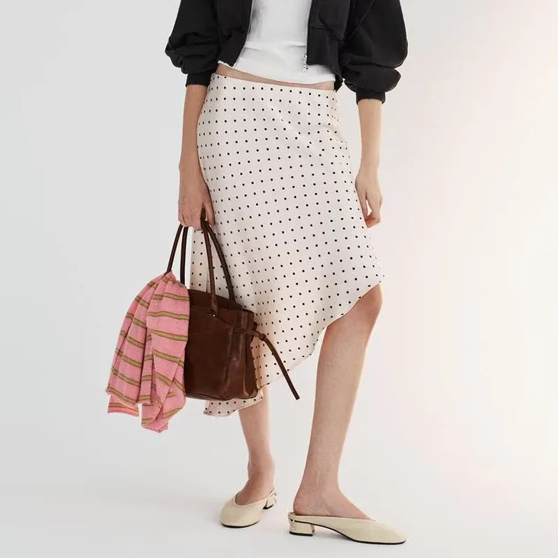Elegant Polka Dot Asymmetrical Silk Satin Skirt Spring New Arrival Women's Fashion Gown Stage Performance Traditional Costume