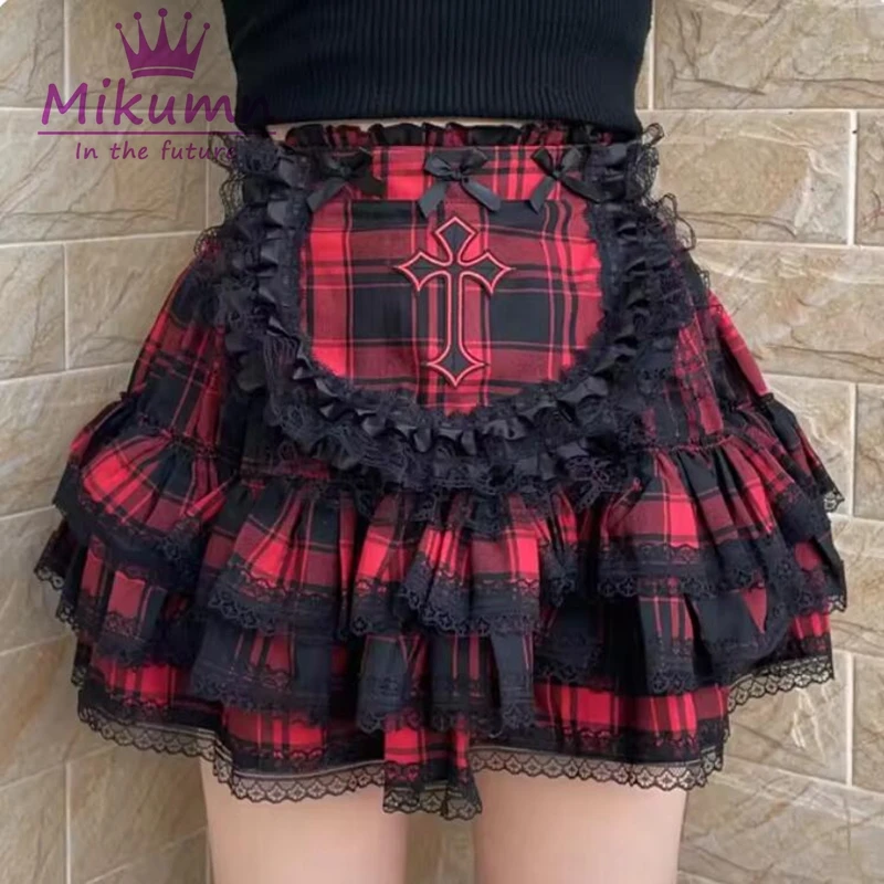 Mikumn Harajuku rok Mini kotak-kotak lucu Lolita Gothic rok pendek Y2k Punk anak perempuan renda silang renda rok kue gaun bola