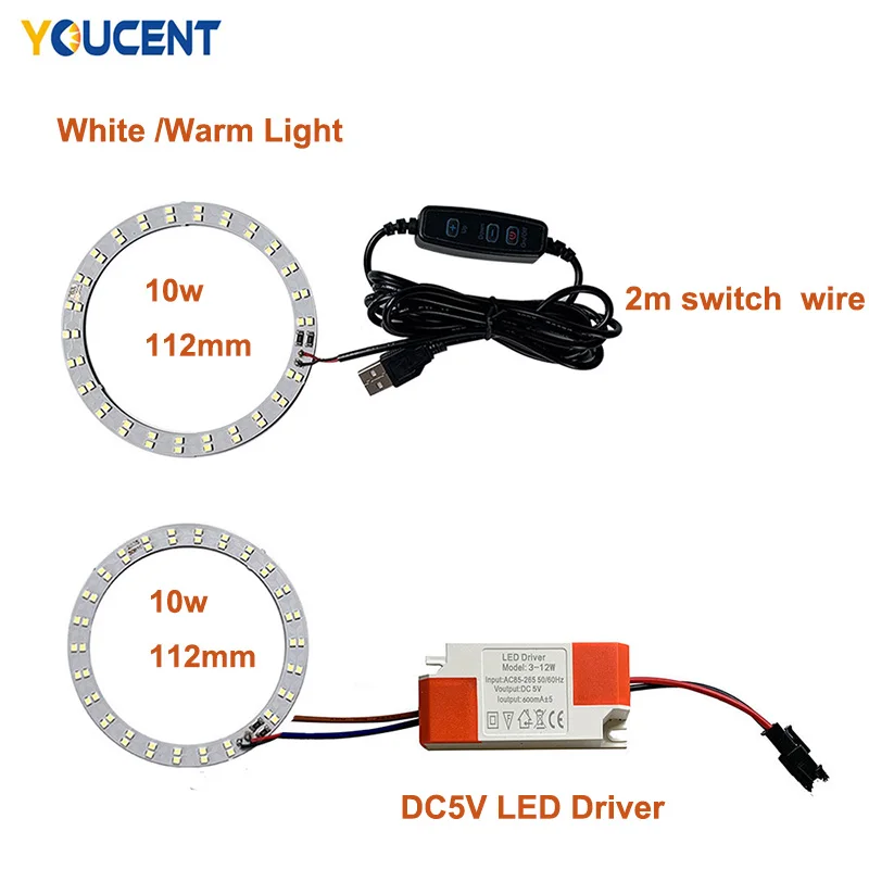 LED DC5V Light Beads bulb Light Source SMD 2835 Board Chip Ring 10W White Warm Light With 2m NO/OFF Switch Wire and Led Driver