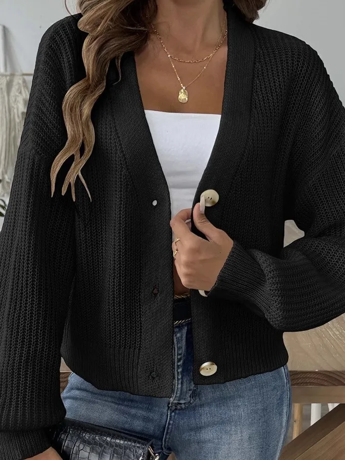 

Simple V-Neck Short Knitted Cardigan Lantern Sleeve Women's Casual Wear Regular Fit Medium Softness Long Sleeve Winter Cardigan