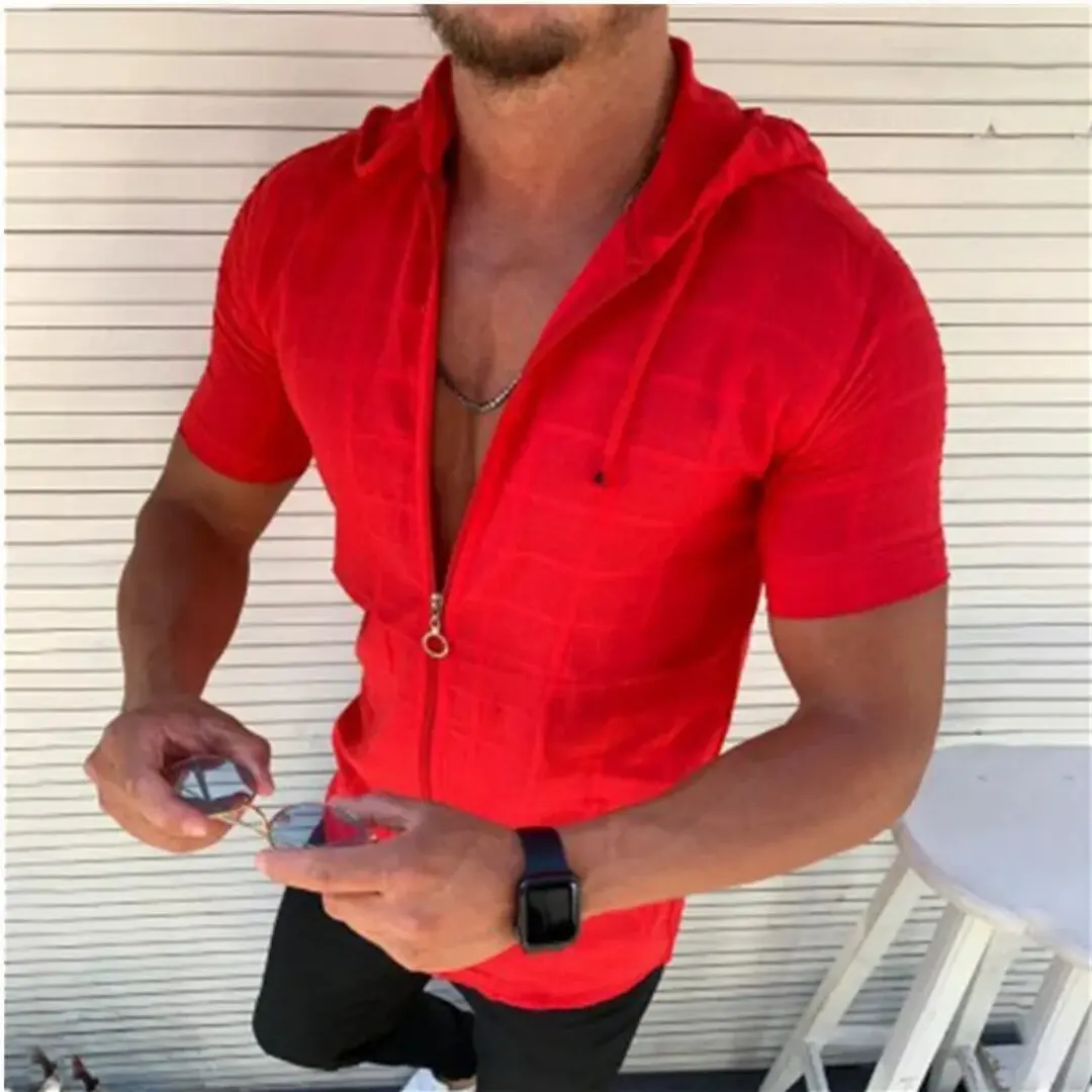 2026 summer new fashion plaid zipper sleeveless hooded cardigan T-shirt men's slim sports breathable fitness top - Image 3