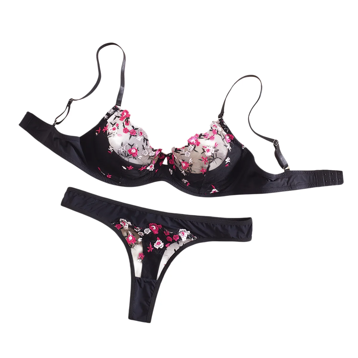  Krasapt Sexy Black Flower Embroidery Lingerie 2 Pcs Sets Fancy Mesh Patchwork See Through Bras And Thongs Erotic Intimate Set