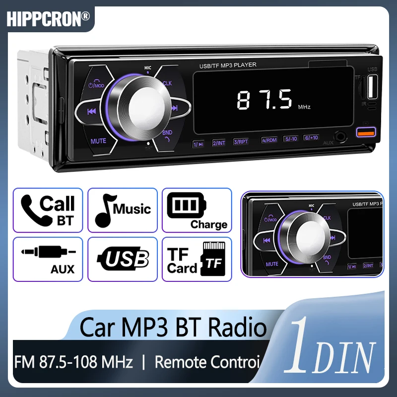 Hipporon 1 Din Radio Stereo Receiver Digital Bluetooth MP3 Player Colorful with Dual USB AUX Inputs Auto Multimedia Automotive