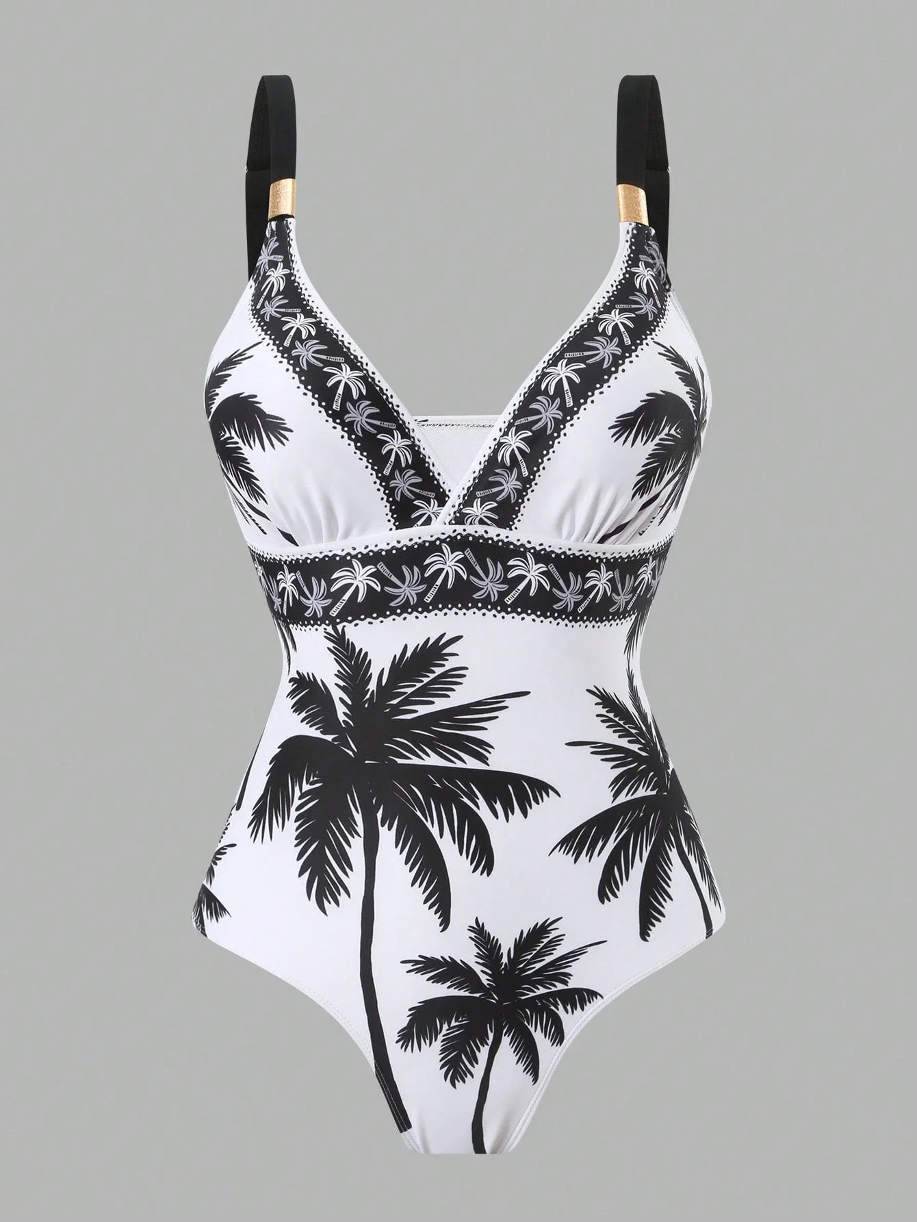 Women Palm Tree Print One Piece Swimsuit With Mesh Maxi Skirt Beach Cover Up