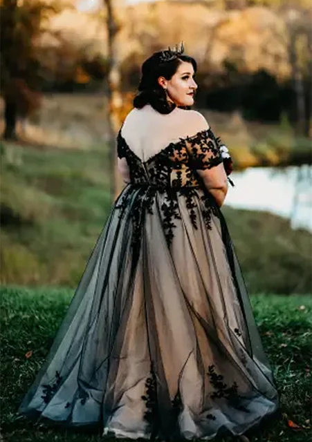 Plus Size Black Wedding Dresses V neck Short Sleeve Off Shoulder High Waist Long A line Gothic Bridal Gown Country Pastrol Style Bespoke Wedding Dresses AliExpress
