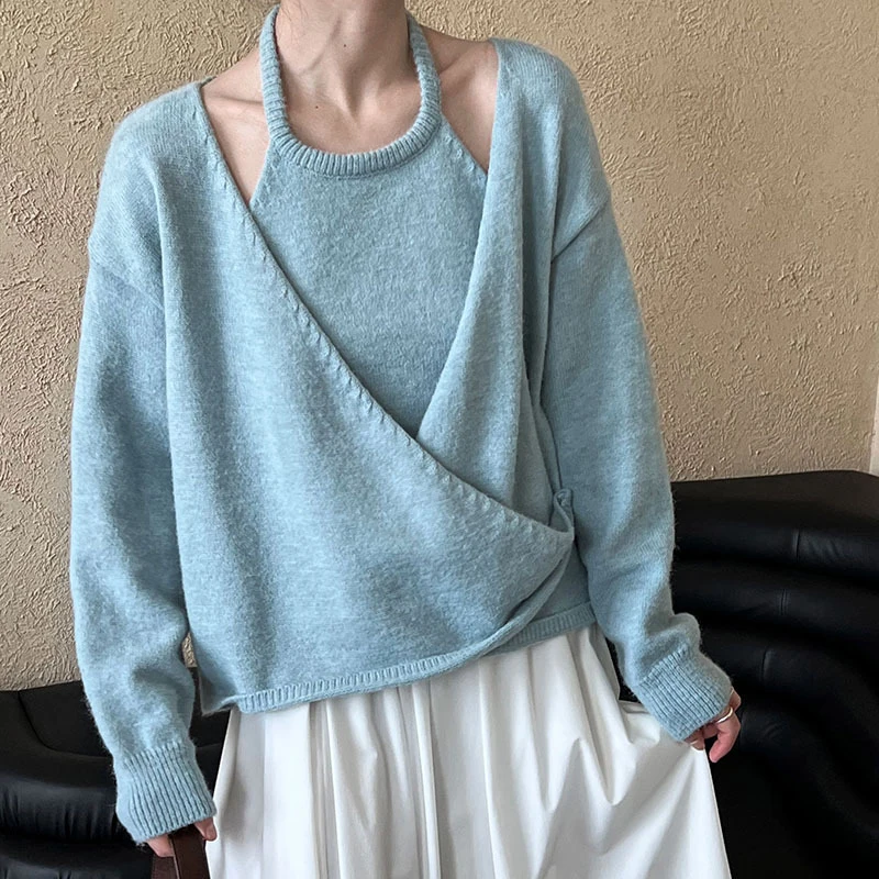 2024 High Quality Autumn Women Loose Style Two Pieces Sweater Halter Neck Tank Tops With Cardigans Tops For Women Sweater