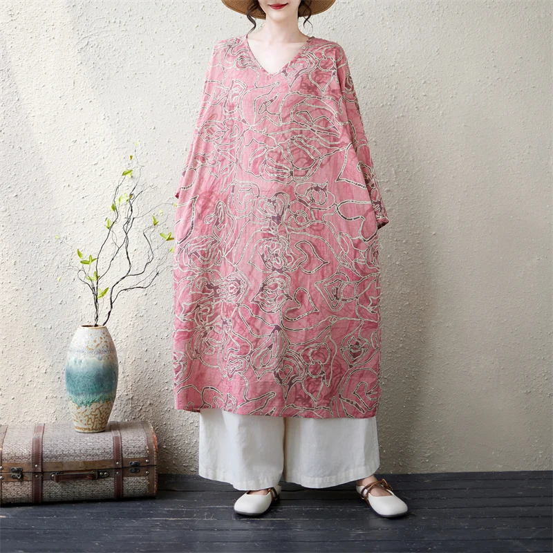 Artistic V-Neck Midi Dress Women's Loose Fit Long Sleeve Fashionable Layering plus Size Dress Slimming Effect City Walk Dress