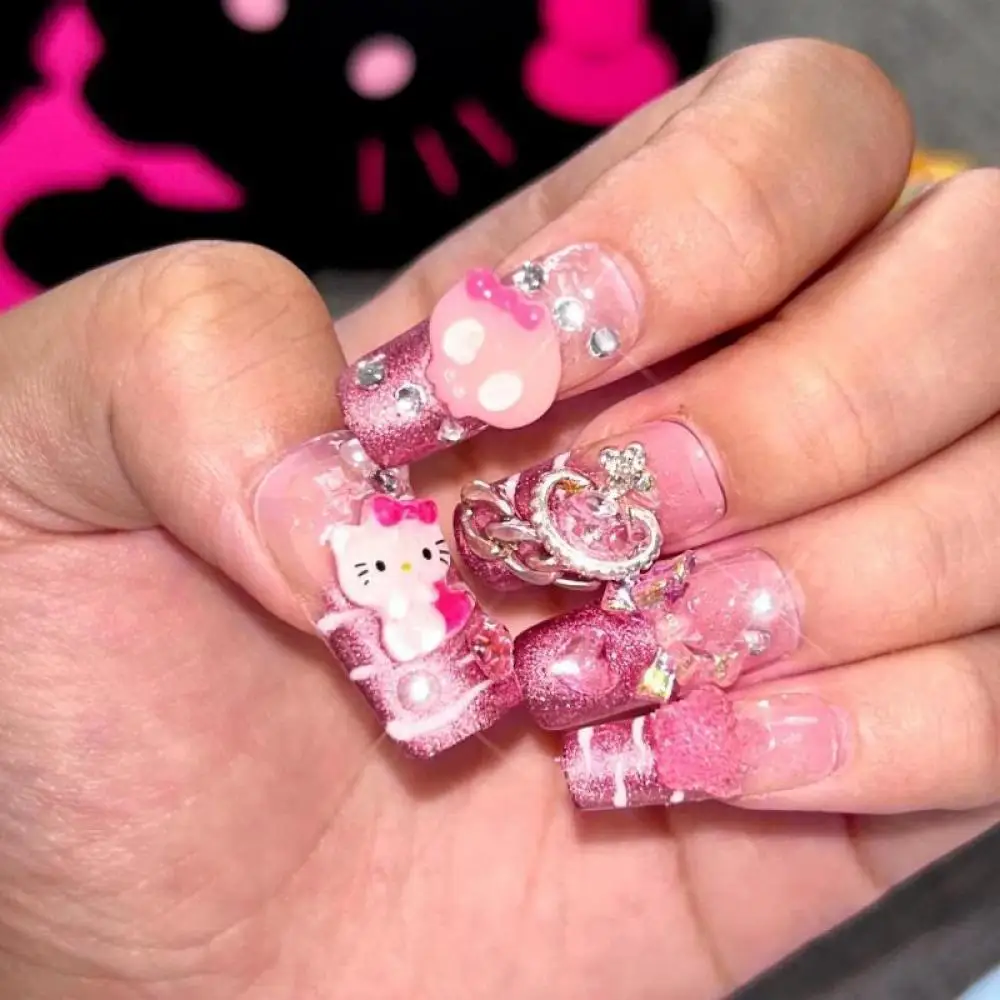 Kawaii Hello Kitty Handmade Manicure Sanrios Cartoon Y2K Fashion Girl Student Pink Nail Stickernail Decal Can Be Used Repeatedly