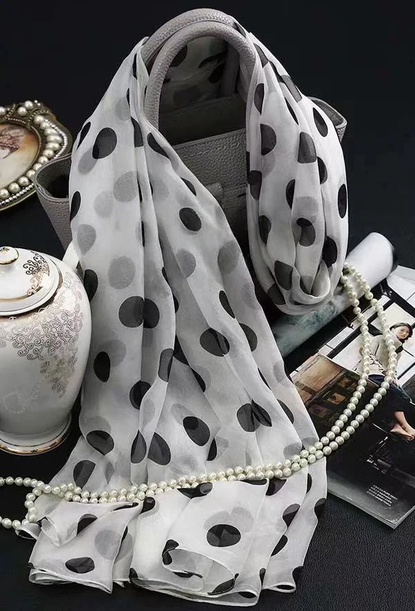 100% Silk Neck Scarves Women Black White Polka Dot Scarf Long Wrap Shawl Vintage Neck Scarves Elegant Dotted Neckerchief