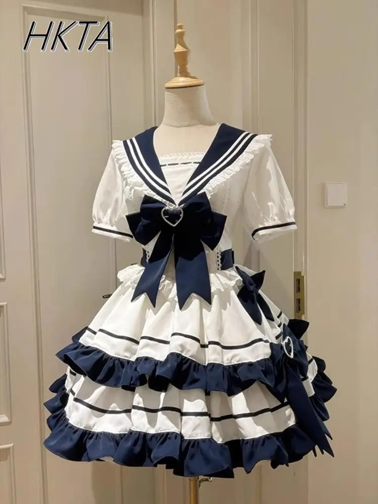 Lolita หวานน่ารัก Navy COLLAR แขนสั้นชุดผู้หญิงฤดูร้อนใหม่ลูกไม้สายเอวสูง Ruffle ชุดเค้กสไตล์วิทยาลัย