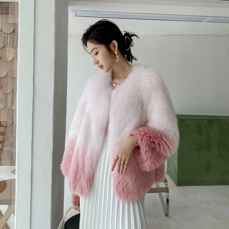 2023 Gradual Color Fox Fur Coat Women's Winter New Korean Sweet Short Round Neck Loose Full Pelt High Quality Real Fur Jackets