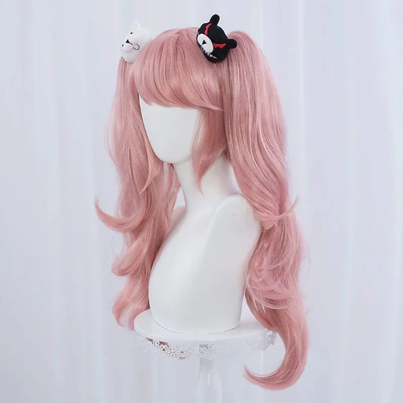 Anime Danganronpa Enoshima Junko Cosplay Wig Pink Long Wavy With Ponytail Clip White Black Bear Hairpins Girl Gift