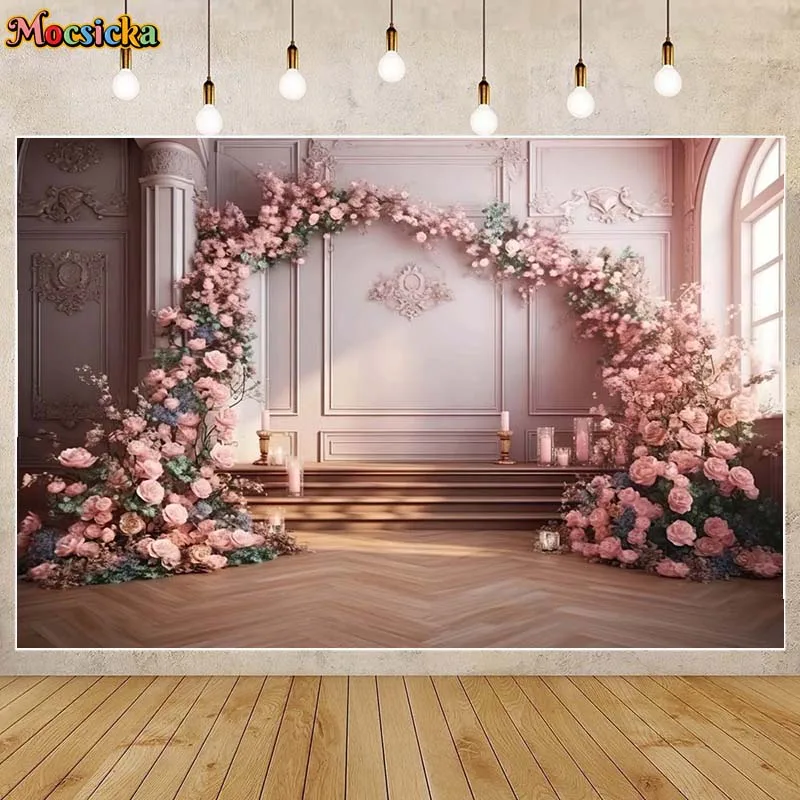 

Mocsicka Photography Background Pink and White Rose Arch Woman Girl Princess Art Photo Backdrop Wedding Decorations Studio Props