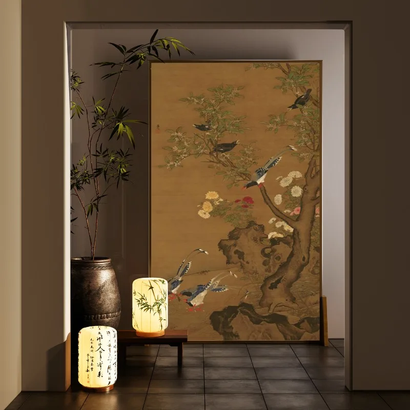 New Chinese ancient style Zen Chinese style flowers and birds solid wood mobile screen partition household living room entrance
