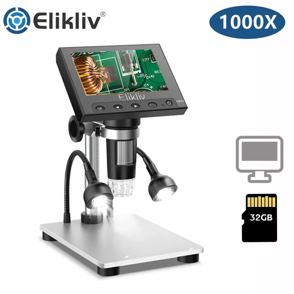 Elikliv DM4S 4.3 Inch LCD Digital Microscope 1000X LED 1080P Video Camera Microscope For Electronics Soldering Phone Repair Coin