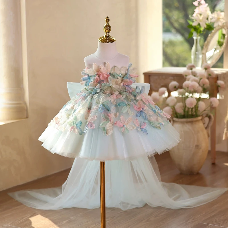 Girls Elegant Host Gown Piano Performance Pageant Birthday Party Banquet Kids Formal Light Blue Floral Princess Dress Children
