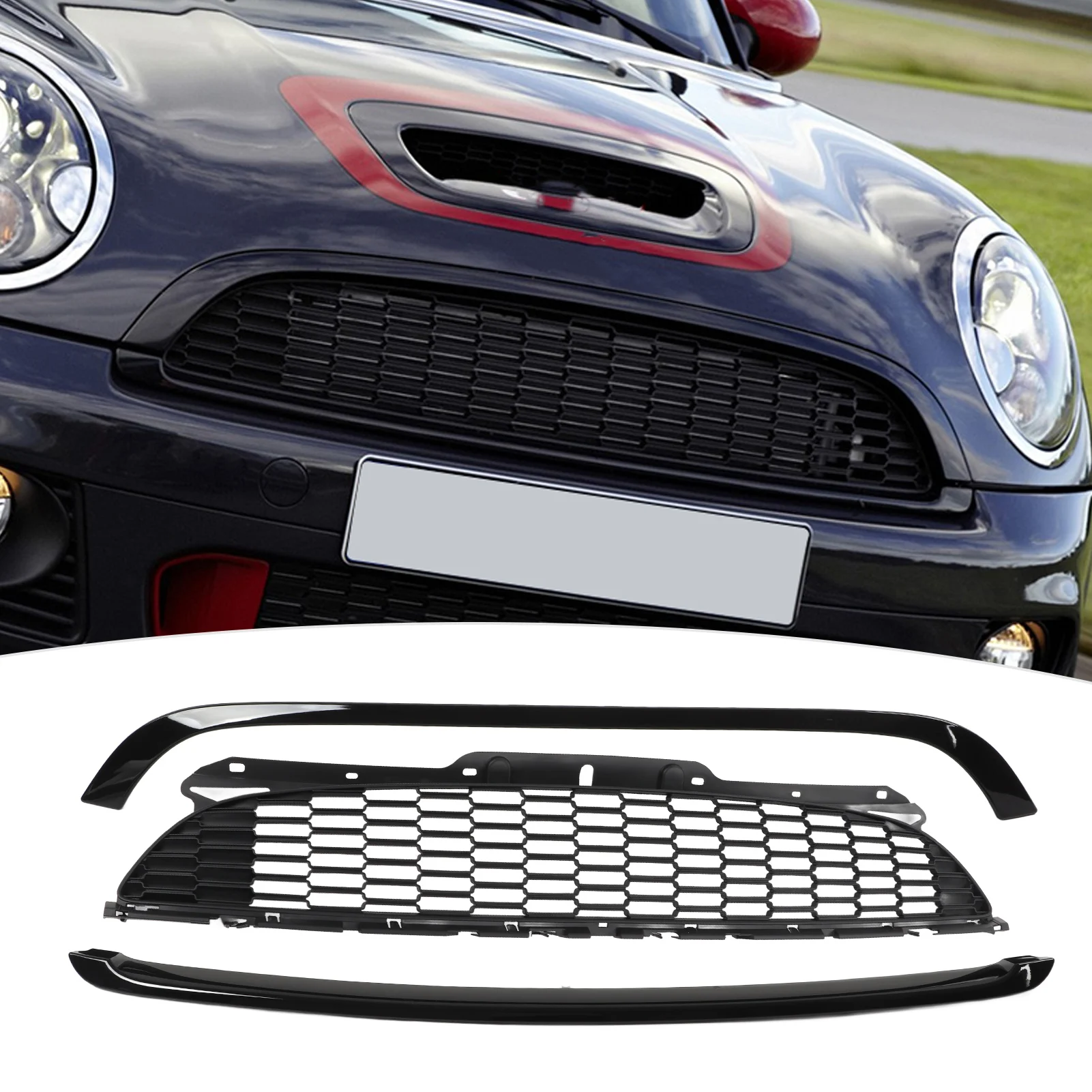 

Set Glossy Black Front Hood Molding Grille Surround Cover Trim Kits for R55 R56 R57 R58 R59 S JCW Front Bumper Hood Guard