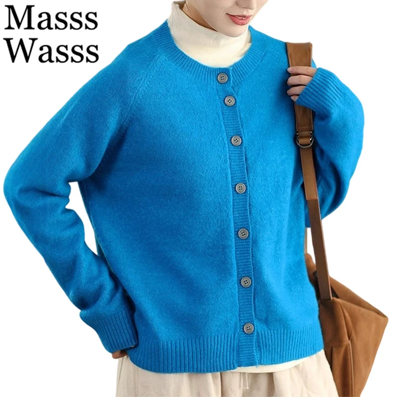 

Mass Wasss, корейские зимние женские роскошные кардиганы для отдыха, теплый трикотаж большого размера, женские свободные модные винтажные свитера с круглым вырезом