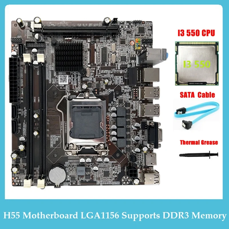 H55 Motherboard LGA1156 Supports I3 530 I5 760 Series CPU DDR3 Memory Motherboard +I3 550 CPU+SATA Cable+Thermal Grease Kit