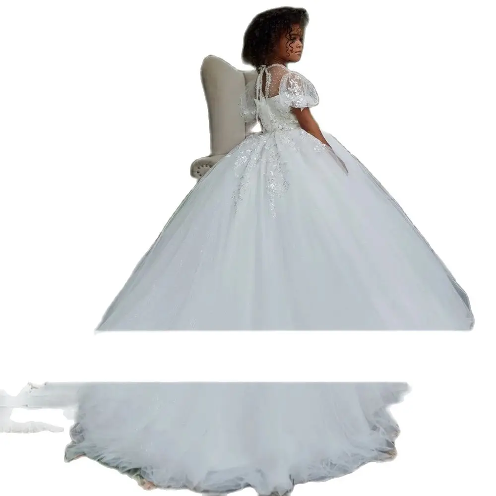 Dot Net Puff Mangas Lantejoulas Applique Da Flor Do Casamento Vestidos Da Menina Branco Puro da Festa de Aniversário vestido de Baile платье для девочки