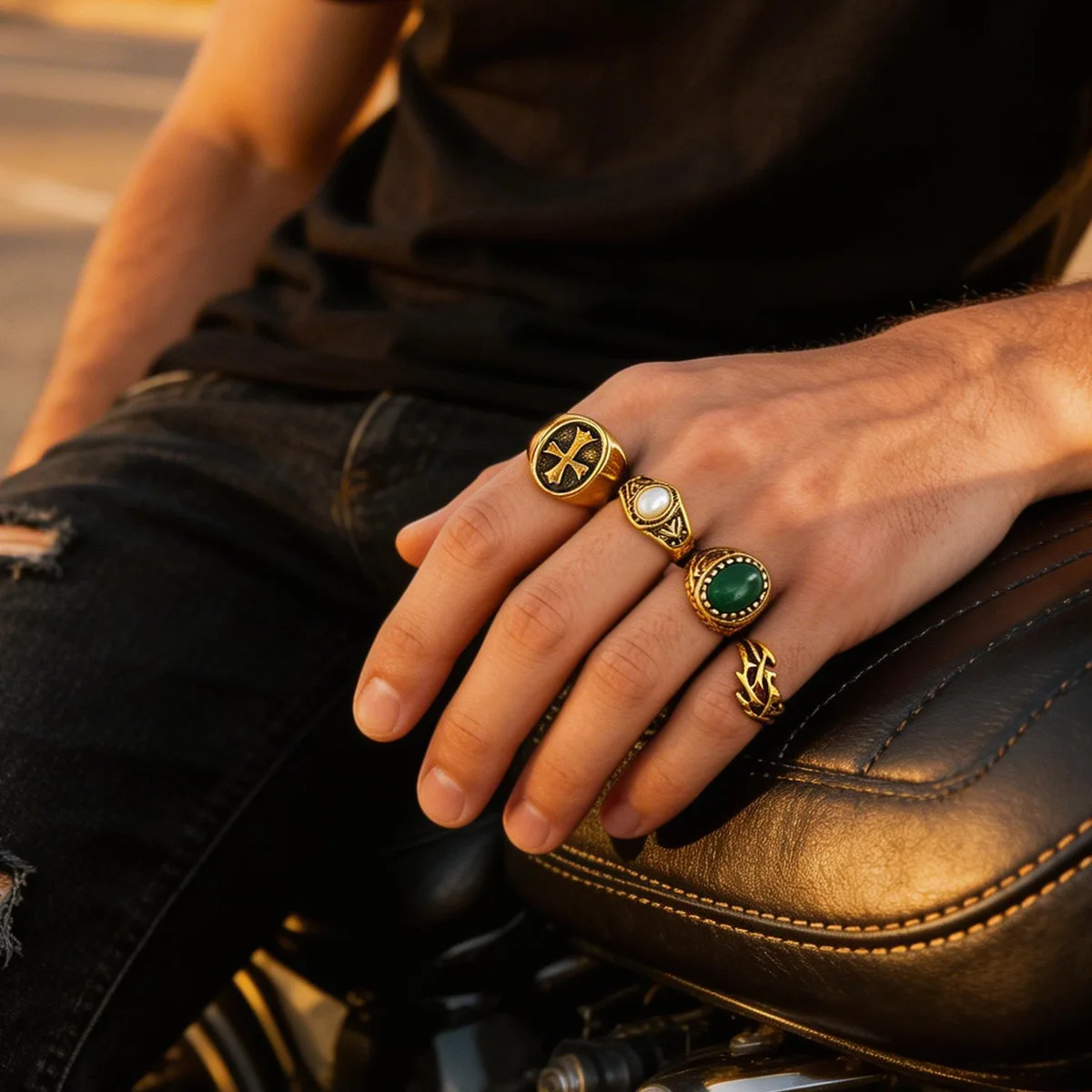 Men's ring, men's hip-hop niche cross ring set, foreign trade hot selling pearl gemstone jewelry