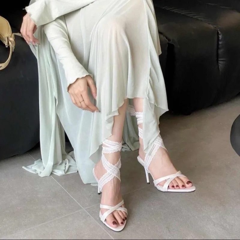 New Lace Pointed Toe Women Heeled Sandals Stilettos Shoes Woman Slippers Slingback Fashion Summer Sexy Dress Pumps Zapatos Mujer