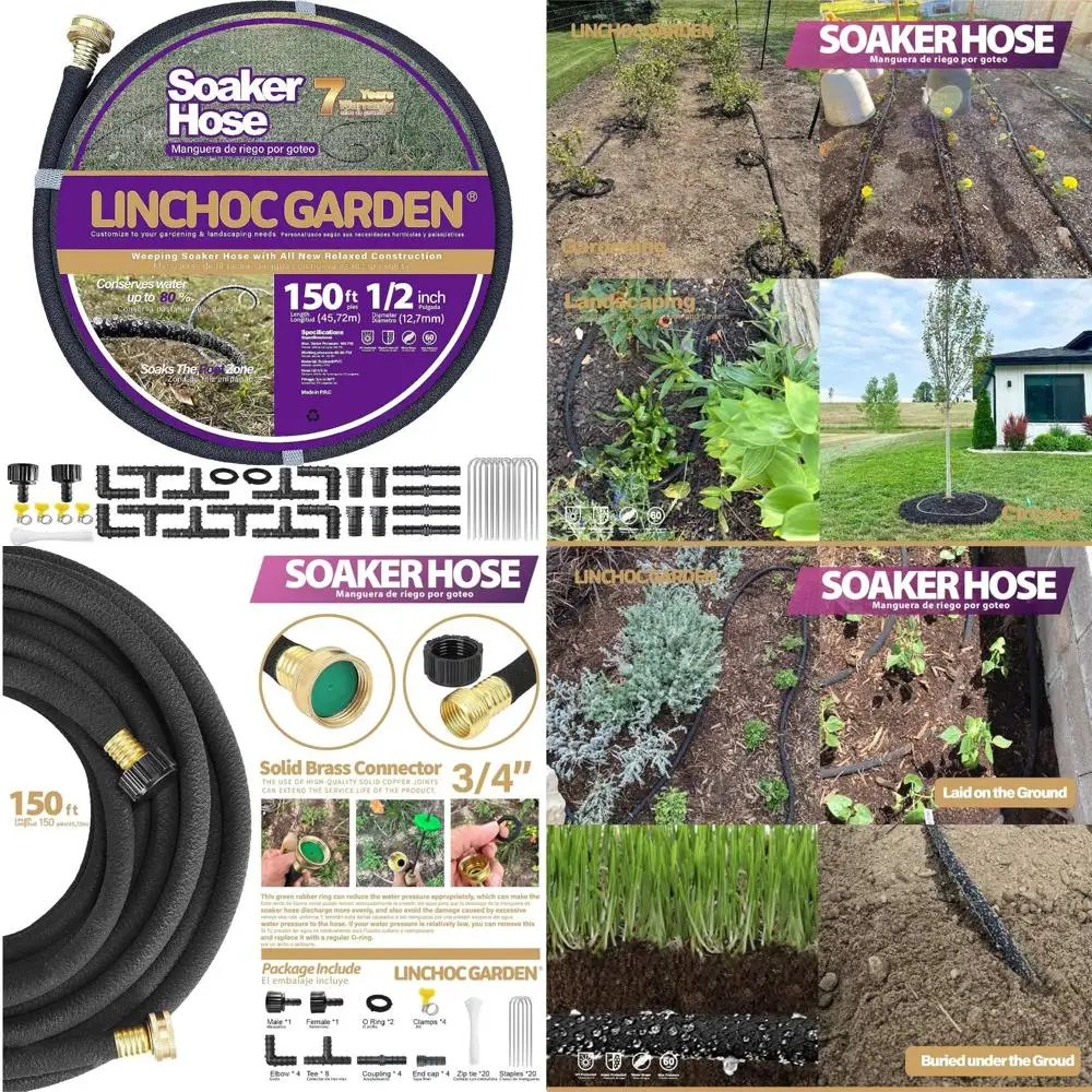 

Flexible 150ft Durable Soaker Hose for Efficient Garden Watering - Leak-Proof, 100% Recycled Material, Long-Lasting Irrigation S