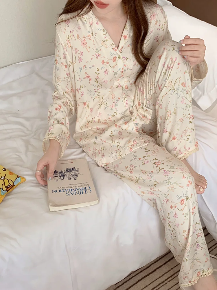 Sweet Print Flowers Korean Style Soft Floral Autumn Long Sleeve Pajama Set Women Loose Elegant Casual Comfortable Sleepwear Ins