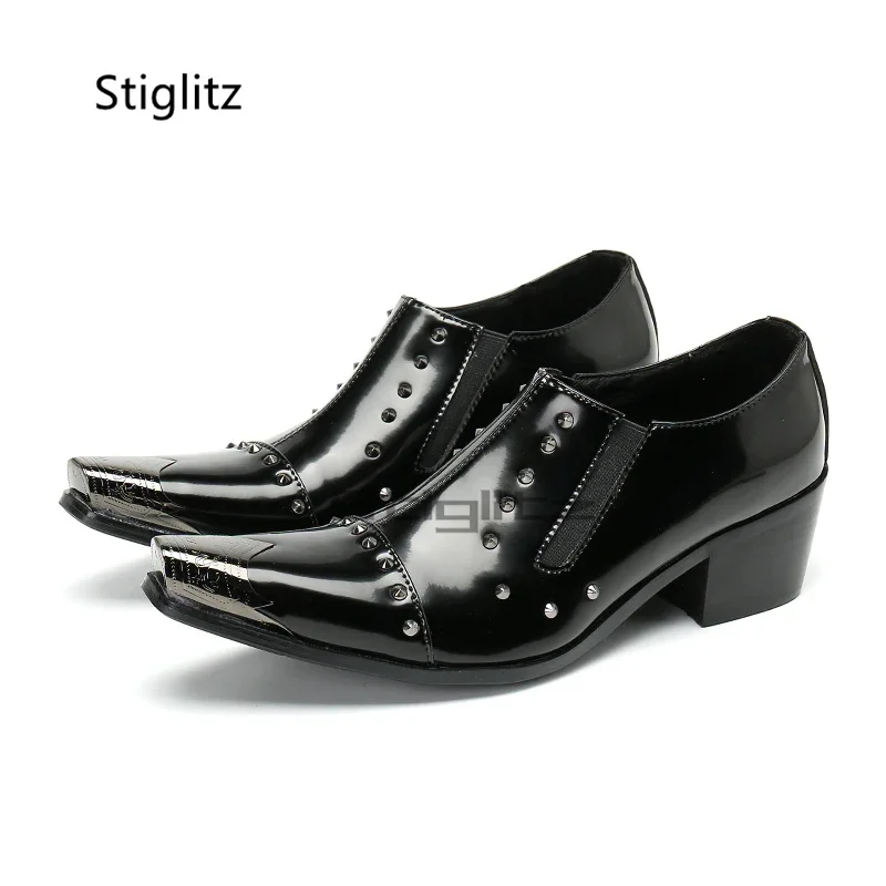 

Rivet Genuine Leather Men's Shoes Metal Pointed Toe High Heels Dress Shoes Slip On Black Casual Business Party Wedding Shoes