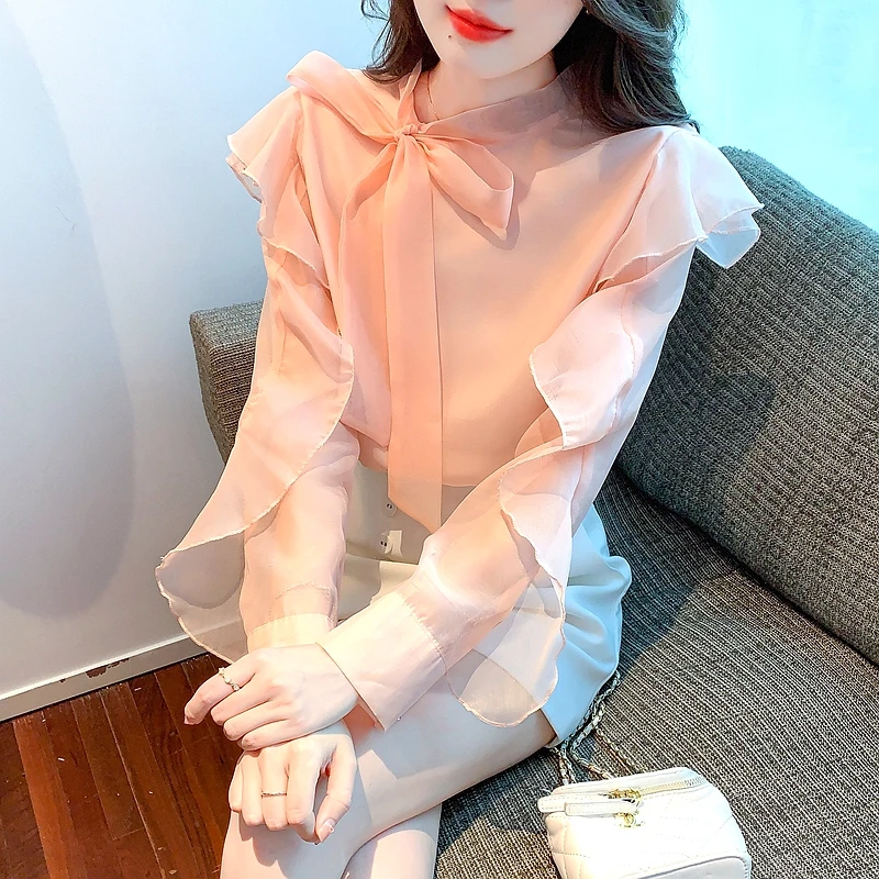 

2024 New Summer Fashion Women Blouse Shirts Long Sleeve Tie Bow Chiffon Top Turtleneck Formal Solid Loose Beach Shirt Clothing