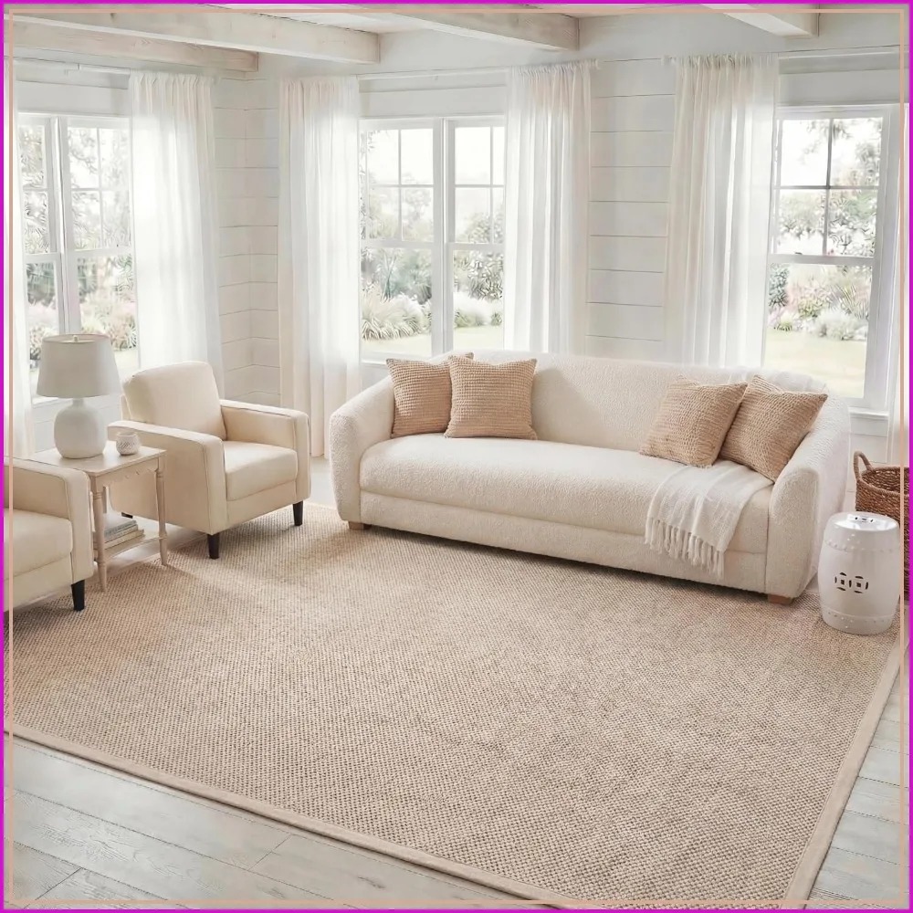 Natural Fiber Area Rug 8x10 Large Textured Marble Beige