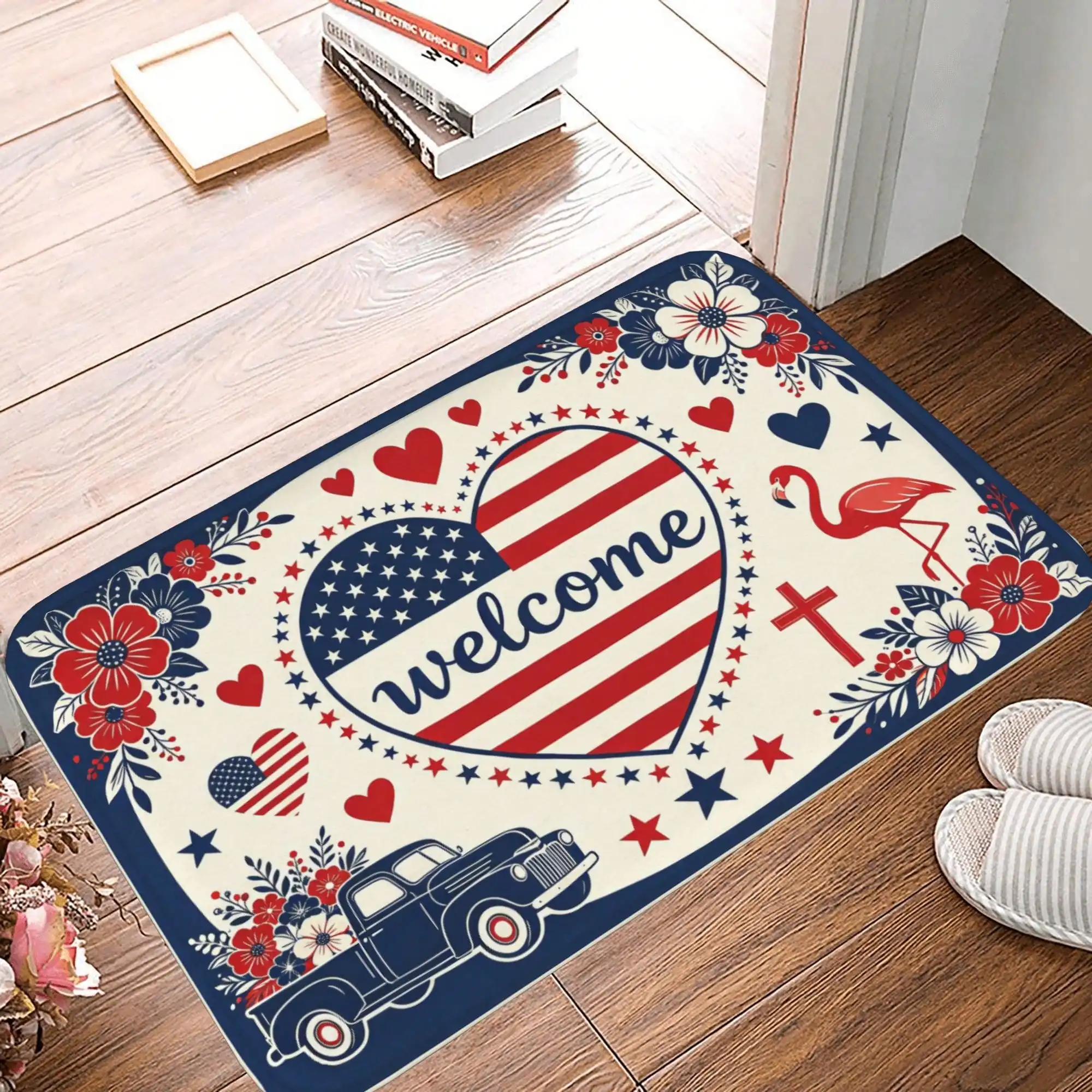 1PC 2D Flat Vintage Patriotic Welcome FLora Blue Soft Thick Flannel Area Rug, Cozy Plush Anti-Slip Floor Carpet, Washable Foldable Wear Resistant Flannel Floor