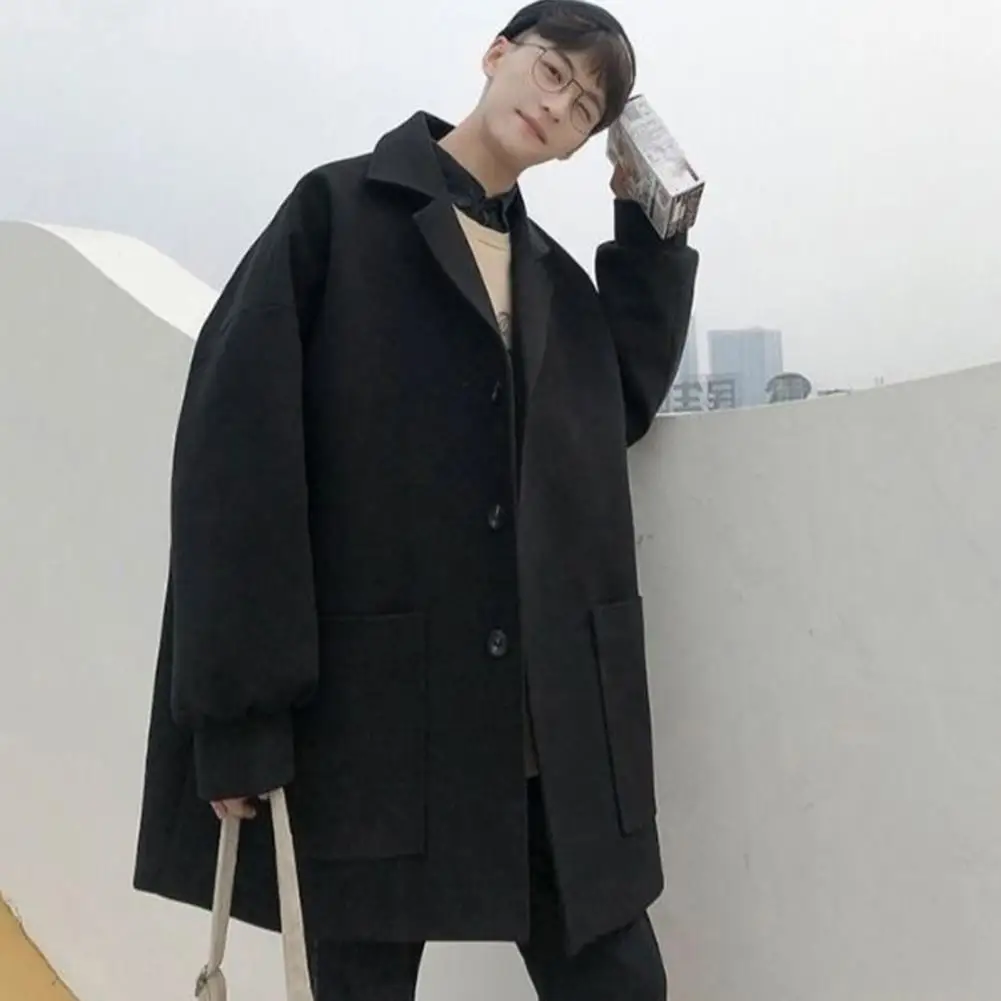 Men Windbreaker Lapel Long Sleeve Mid-length Jacket Solid Color Loose Fit Big Pockets Autumn Winter Coat Woolen Over Coat Suit