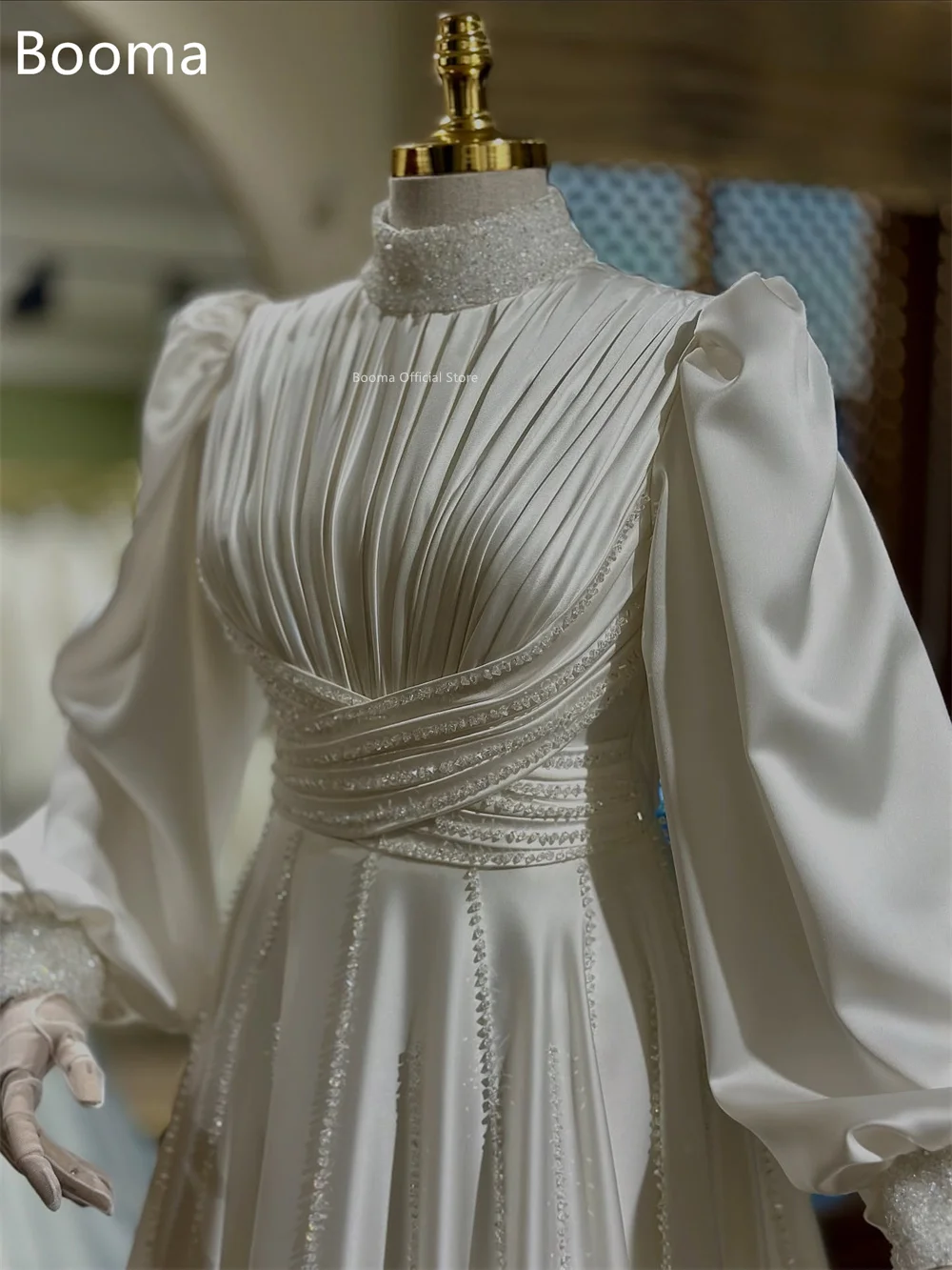 Booma فساتين زفاف أنيقة على شكل حرف a بطيات كريستالية لامعة وأكمام طويلة فستان عرائس بسيط مصنوع حسب الطلب 2025