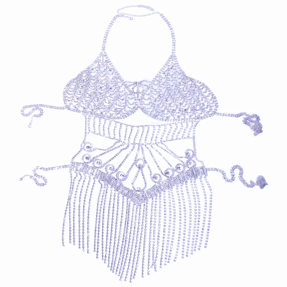 Shiny Rhinestone Jewelry Hollow Out Connected Body Chain Harness Crystal Bra Set Tassel Sexy Bodysuit Body Jewelry for Women