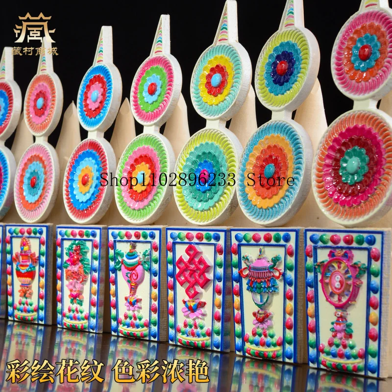 Solid wood, hand-painted, featuring eight auspicious symbols, carved floral designs, a seven-constellation treasure, five auspic