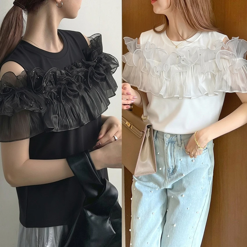 

Женская футболка из чистого хлопка Sweet Style с открытыми плечами, украшенная сетчатым кружевом и вставками, с коротким рукавом, для делового повседневного стиля, летний топ