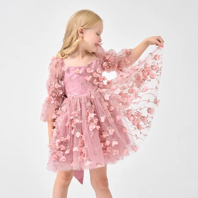 Fashion Baby Girl Princess 3D Flower Bow Dress Infant Toddler Child Sequins Tulle Vestido Pageant Birthday Party Ball Gown 1-12Y