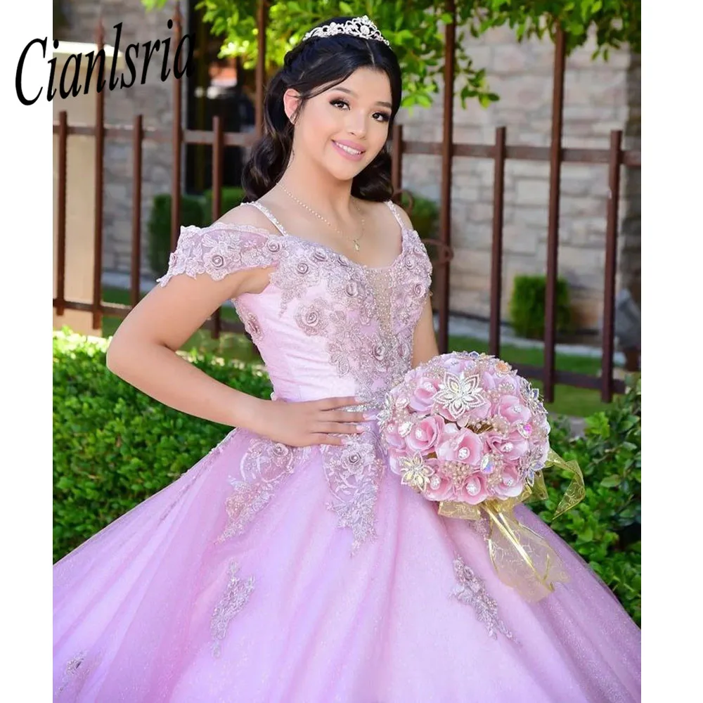 Vestido De princesa rosa con apliques, vestido De quinceañera con purpurina, fiesta De cumpleaños De 15 Años, 2022