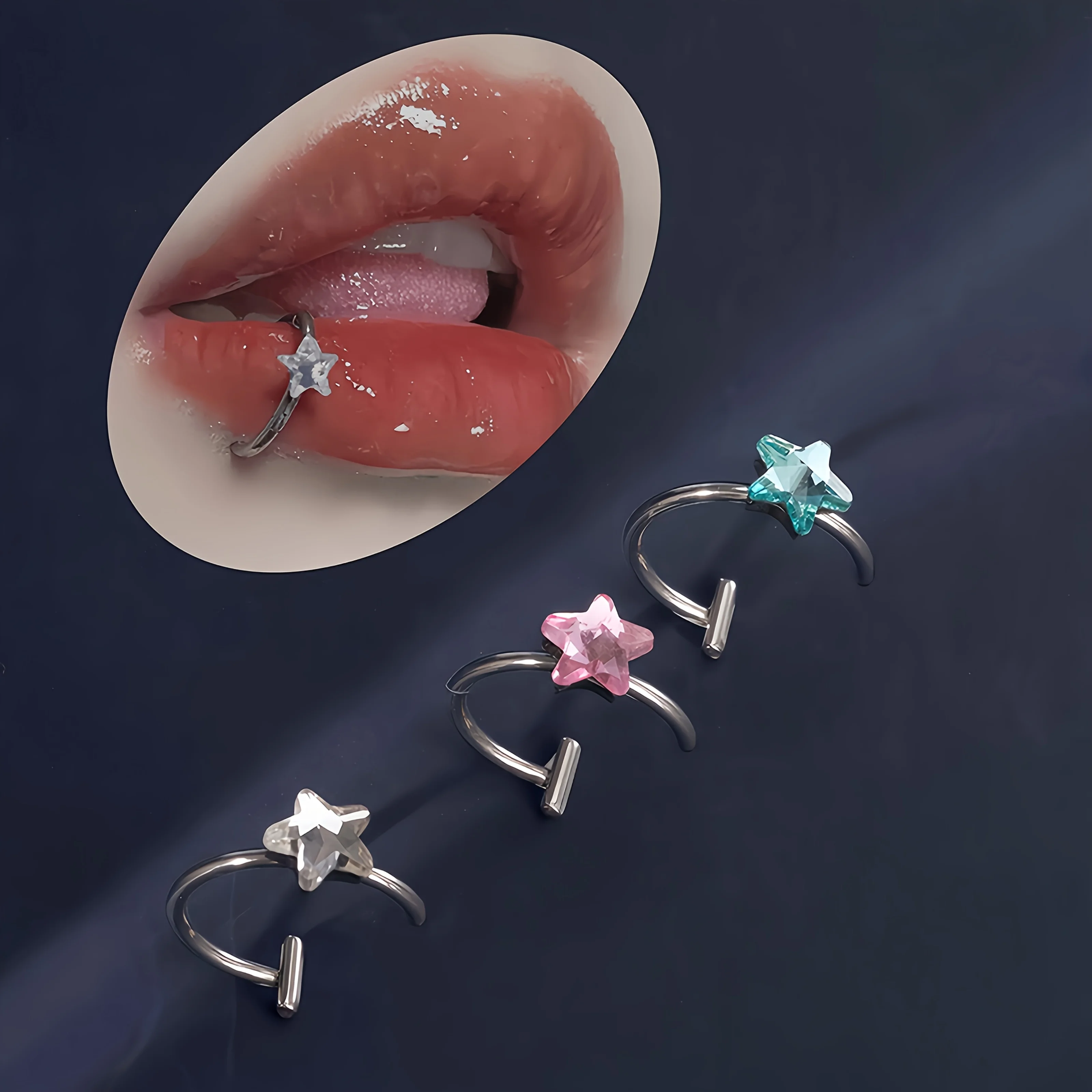 1pc Minimalist Punk Stainless Steel Shiny Cubic Zirconia Pentagram Star C-Shaped Lip Ring Ear Bone Stud Non-Piercing Jewelry