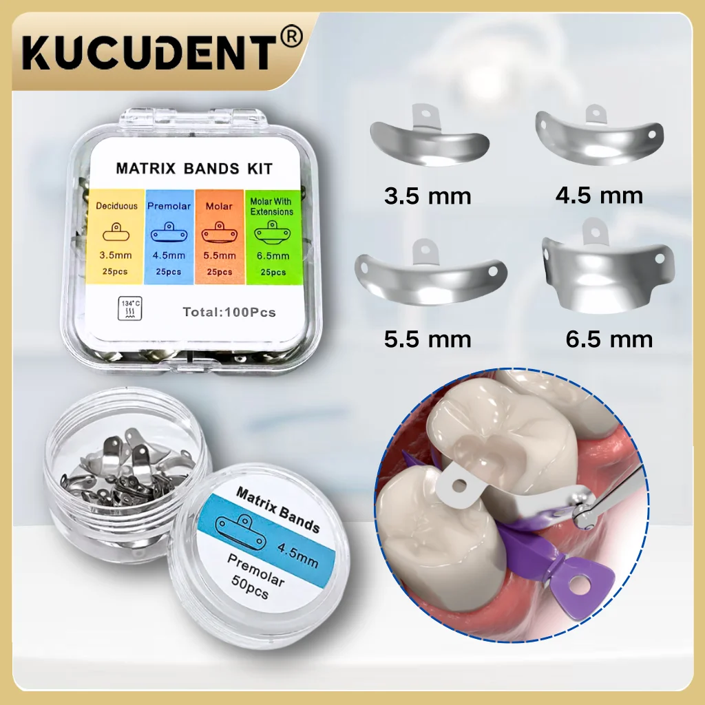

50/100Pcs Dental Contoured Metal Matrix Bands Kit - 3.5/4.5/5.5/6.5mm Sectional Matrices for Teeth Restoration & Orthodontics